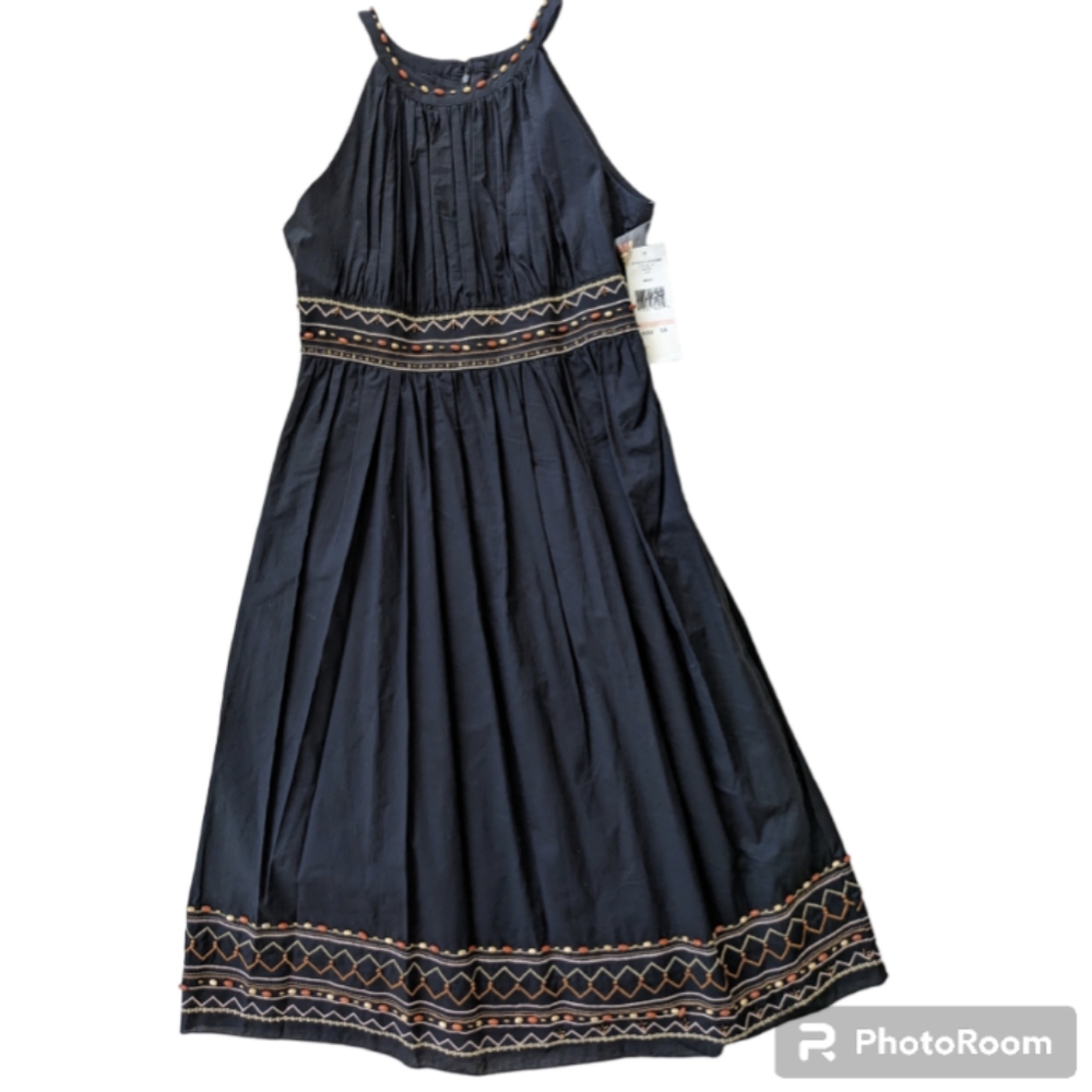 Jessica Howard midi dress pleating black halter cotton beaded tribal